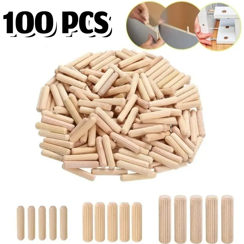 100Pcs Durable Wooden Dowel Pins, Assorted Sizes Fluted Wood Dowels, Hardwood Grooved Furniture Connecting Dowels for Cabinets, Wardrobes, Tables, Chairs, DIY Woodworking Projects