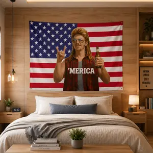 " MERICA Mullet Man American " Flag Tapestry – Funny Patriotic 4th of July Wall Hanging Decor, Joe Dirt Fan Gift