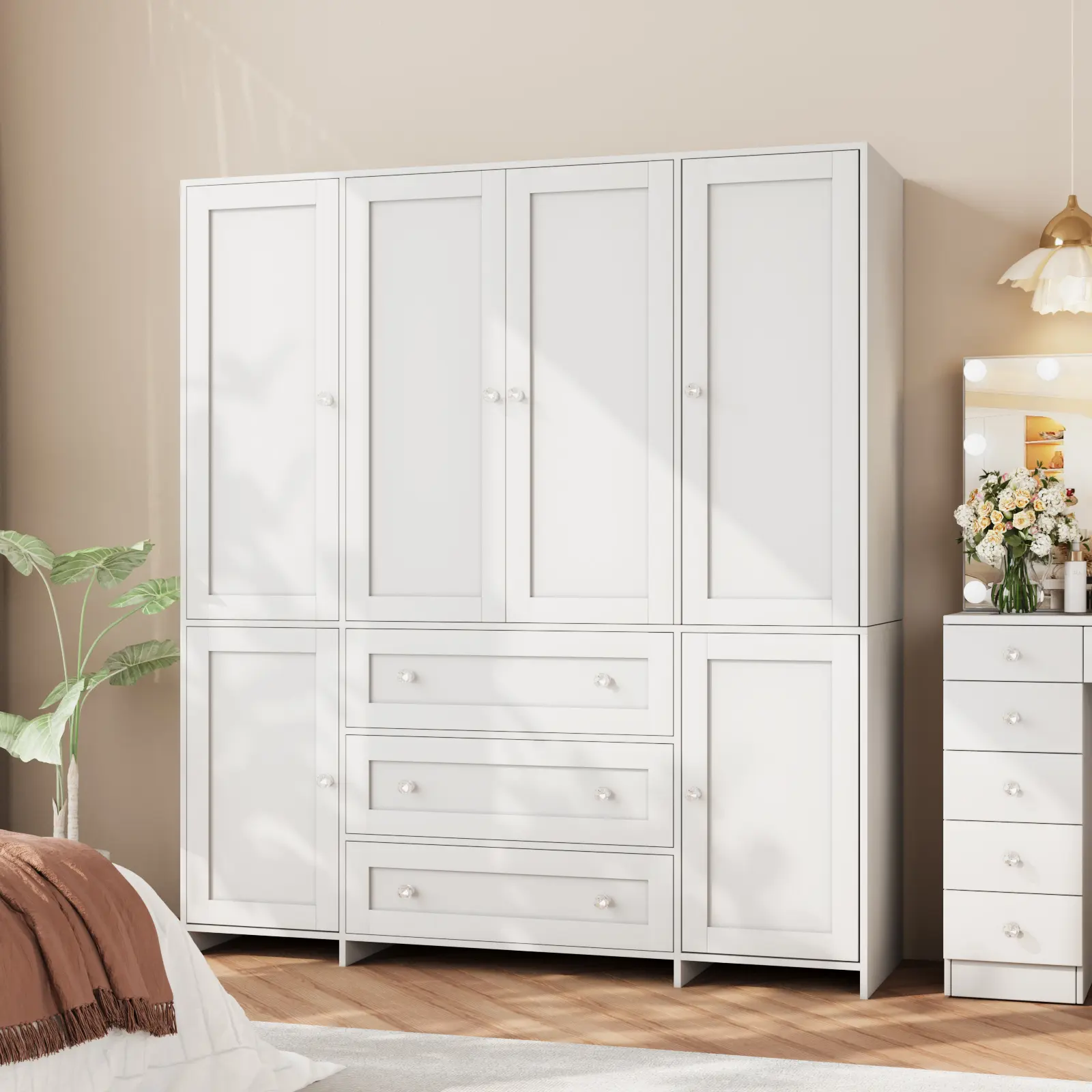 【2 Package Deliver】VOWNER White Large 4 Doors with Glass door Wardrobe with Side Cabinets 3 Drawers Aluminum Alloy Hanging Rod