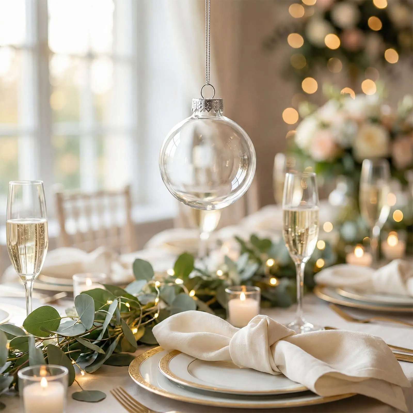 8 Pack Clear Glass Hanging Ornament Balls, 3" Fillable Round Baubles with Removable Silver Caps for DIY Crafts, Weddings, and Holidays