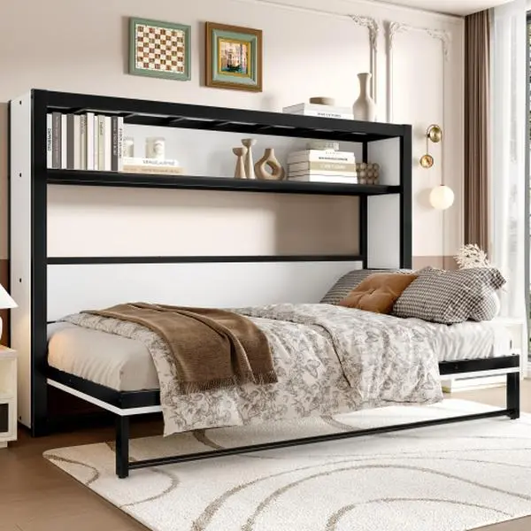 【Bellemave】Twin Size Murphy Bed with Shelves, Metal Wall Bed with Foldable and Space-saving Design, White 【Bellemave】Twin Size Murphy Bed with Shelves, Metal Wall Bed with Foldable and Space-saving Design, White