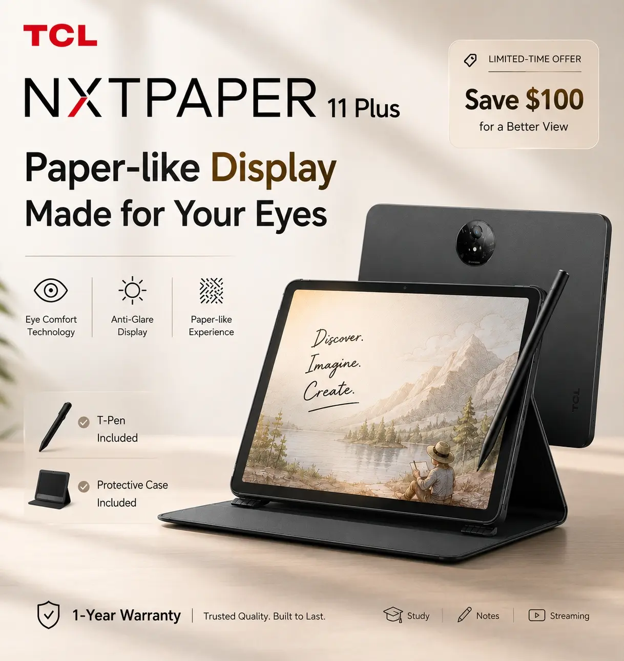 TCL NXTPAPER 11 Plus Android Tablet, 11.5" 120Hz 2.2K Drawing Pad & Digital Notebook, Stylus & Flip Case Included, NXTPAPER 4.0 Display, AI Tools, 8+8GB RAM, 256GB Storage, 8000mAh Battery, Onyx Black fathersdaygift