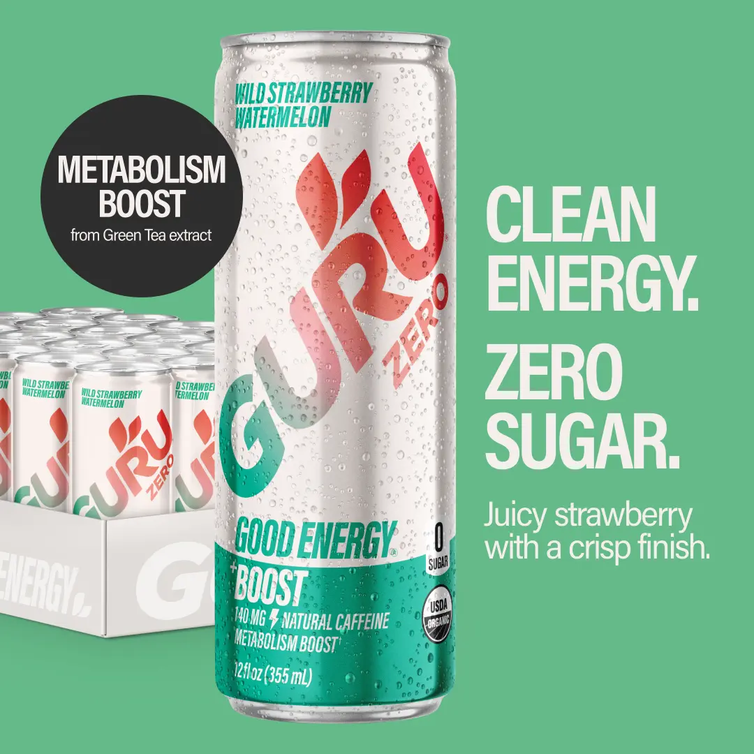 GURU ZERO SUGAR Organic Energy Drink, Wild Strawberry Watermelon with Plant Based Natural Caffeine from Green Tea, Coconut Water, Prebiotic, Zero Added Sugars, Gluten Free & Vegan, Pre Workout Beverage, 140MG Caffeine, 12 Oz (Pack of 24)