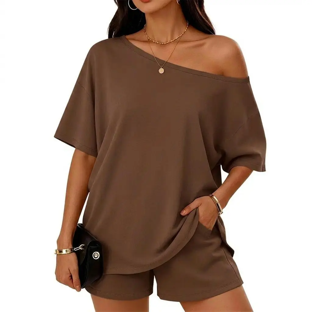 Women's Casual Two-Piece Loungewear Set Off-Shoulder Top and Slim-Fit Shorts Spring Summer Outfit