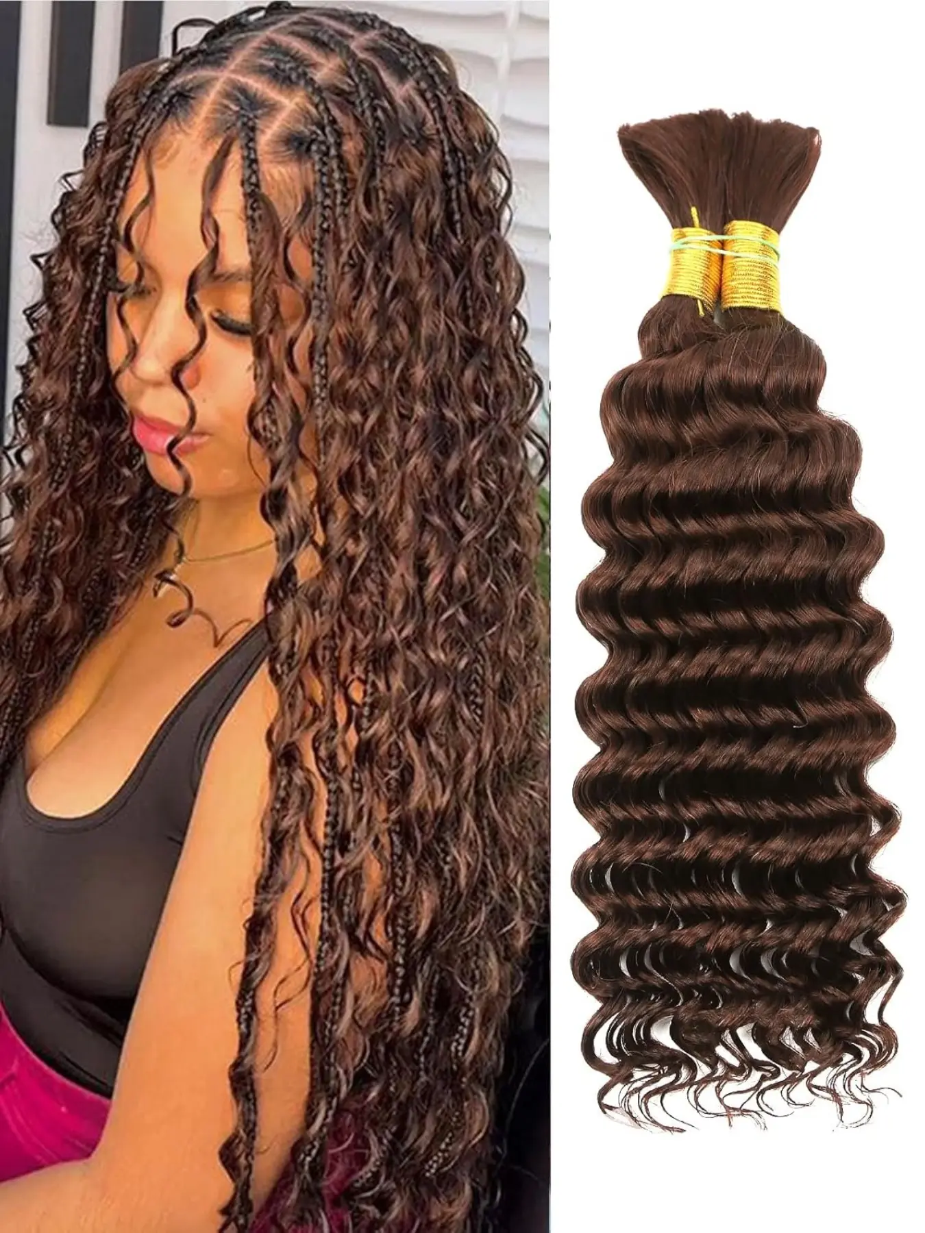 Chocolate Brown Human Braiding Hair Deep Wave Bulk, 4# Color No Weft Curly Braiding Natural Human Hair Extensions for Boho Crochet Braids Wet and Wavy Braiding Human Hair Bundles Human Hair Weave Bohemian Curls(18inch,#4,100g)