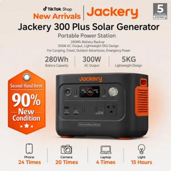 [Second-hand item in 90% new condition]Jackery 300 Plus Solar Generator Portable Power Station 280Wh Battery Backup, 300W AC Output, Lightweight 5KG Design for Camping, Travel, Outdoor Adventures, Emergency Power