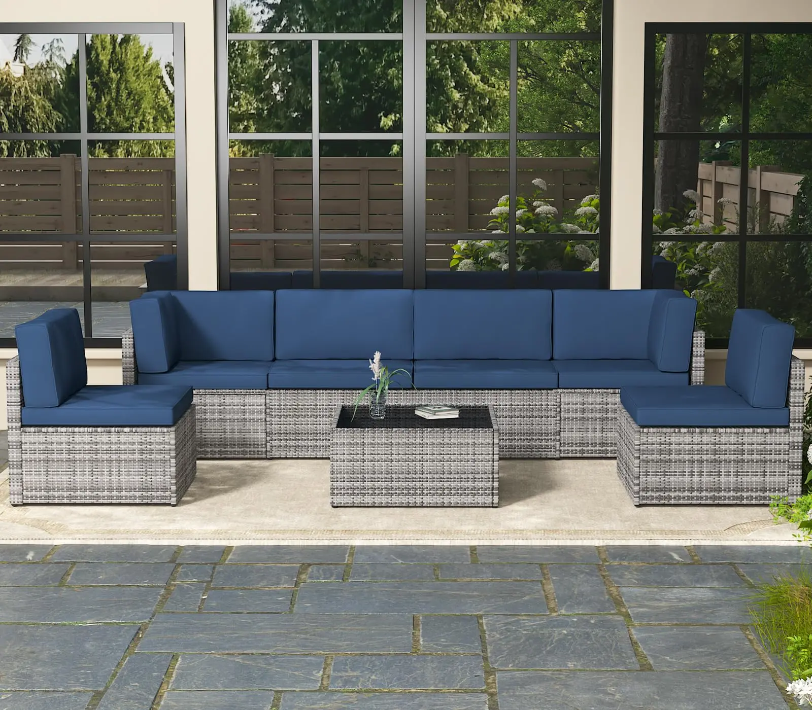【Multiple packages arrived at different times】7-Piece All-Weather PE Rattan Patio Set – Outdoor Wicker Sectional Sofa for Porch, Deck & Garden