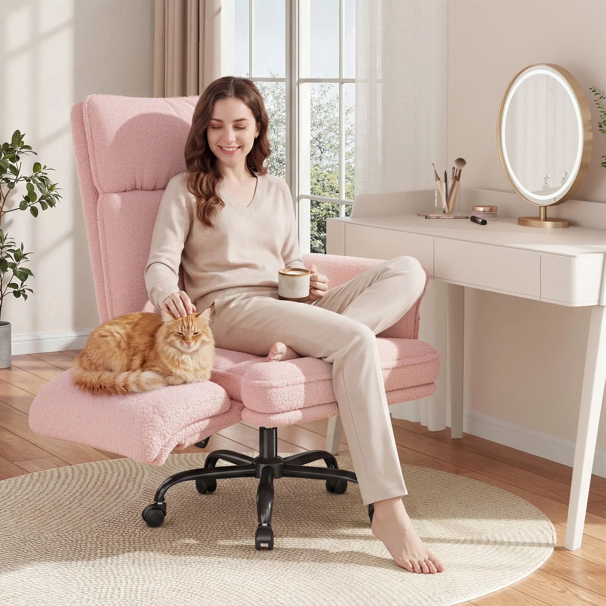 Raybee Big and Tall Office Chair with Adjustable Armrests & Wheels, 145° Reclining Desk Chair Comfy, Pink Vanity Chair for Home, Office, Bedroom, Living Room, Teddy Plush Furniture #SummerVibes #TikTokShopStockUp,dorm essentials,home decor