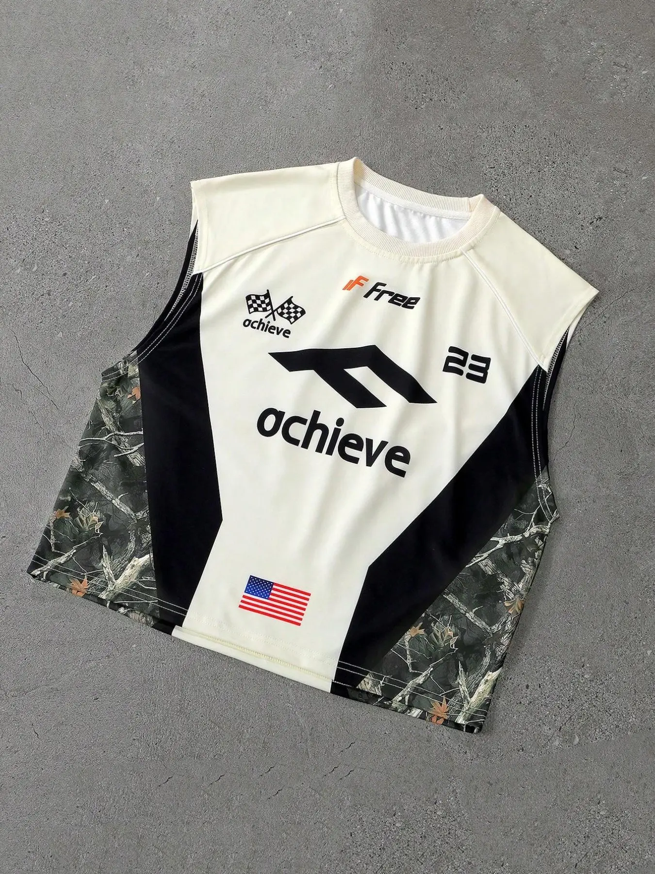 Men's street style racing-inspired short, sleeveless Workout Vest with camo patchwork design featuring a 23-number print, streetwear, Y2K fashion, suitable for sports and fitness enthusiasts, racing aficionados, Sport Vests, Sports Vest Top