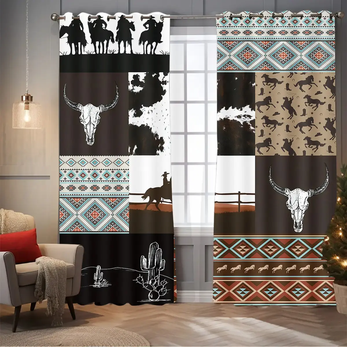 2 Pieces Western Style Curtains - Southwestern Tribal Aztec Cowboy Ranch Blackout Curtains with Metal Ring Top - Vintage Wild West Decor Suitable for Living Room, Bedroom, Kitchen - Machine Washable Polyester Curtains (Brown/Black/White/Turquoise/Orange/G
