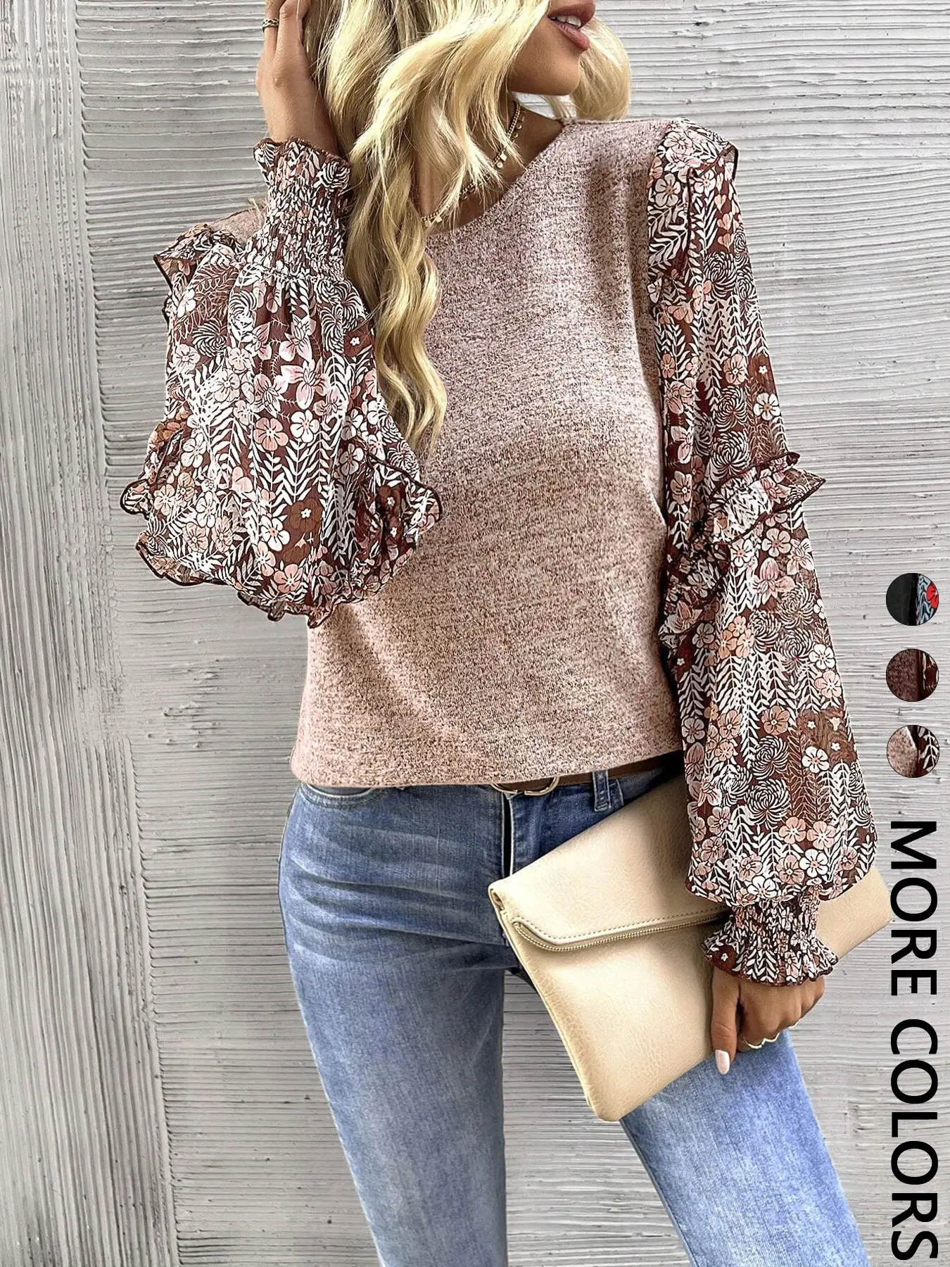 Women's Round Neck Lantern Sleeve Boho Style Floral Print Patchwork Casual Cute Fitted Fall T-Shirt, Long Sleeve Top for Autumn Fashion Bohemian Inspired