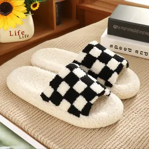 Open Toe Plaid Checkered Slippers For Women Ultra Soft Fluffy Fuzzy Cozy Comfy Non-Slip Indoor Outdoor Winter House Slides Slip On Comfort House Bedroom