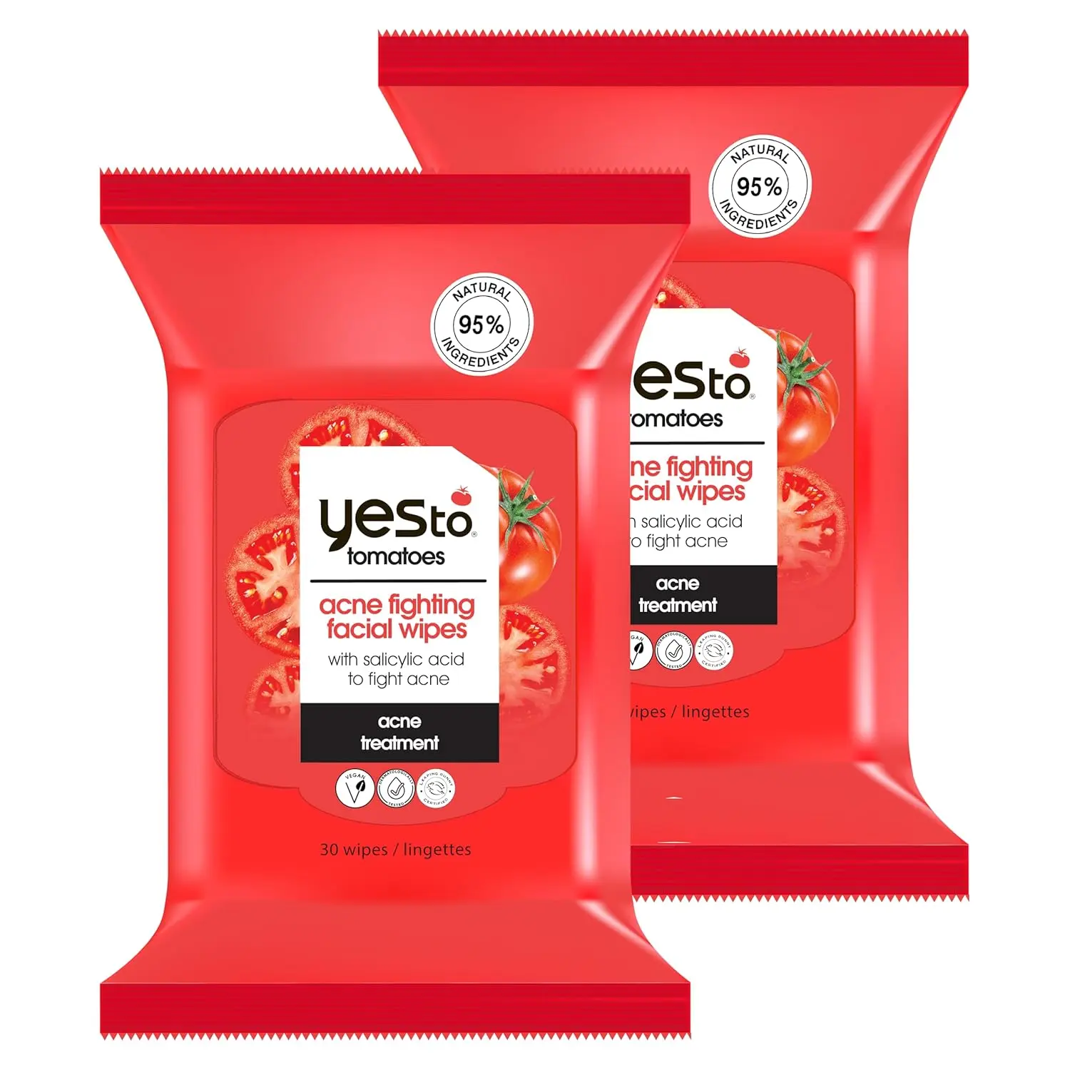 Yes To Tomatoes Clear Skin Acne Fighting Facial Wipes Cleansing Facial Wash Acne Prone Skin + Helps Control Oil + Salicylic Acid 95% Natural Ingredients, 30 Count (Pack of 2)