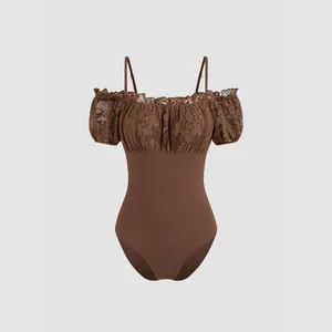 Cider [size 2-10] Off-shoulder Solid Lace Lettuce Trim Bodysuit