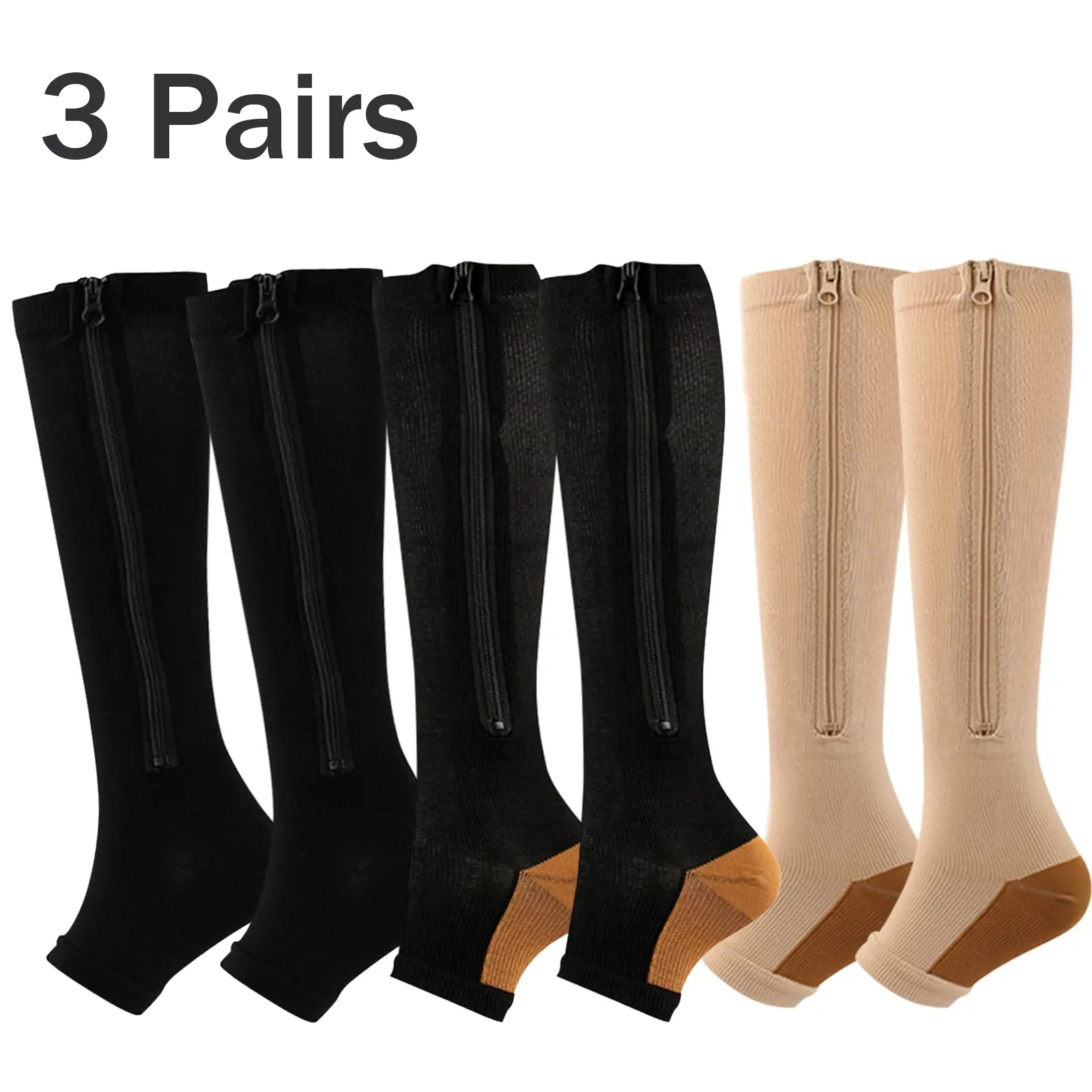 Women's 3-Pairs High-Elastic Nylon Blend Toeless Compression Socks - 15-20mmHg Calf Height Back-Zipper Elastized All-Day Anti-Fatigue Comfortable Knee-High Socks for Walking, Running, Elastized Knee-High Socks