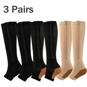 3 Pairs Zipper Compression Socks Open Toe Calf Knee High Socks with Zipper Calf Knee High 15-20mmHg Open Toe Compression Stocking Slim Leggings Stretch Socks Walking Running Compression Stocking for Men Women