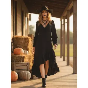 Women's Halloween Gothic Party Ruffle Mystery Witch Dress, Boho Style, Ethnic Pattern, Short Slim-Fitting, Long Sleeve