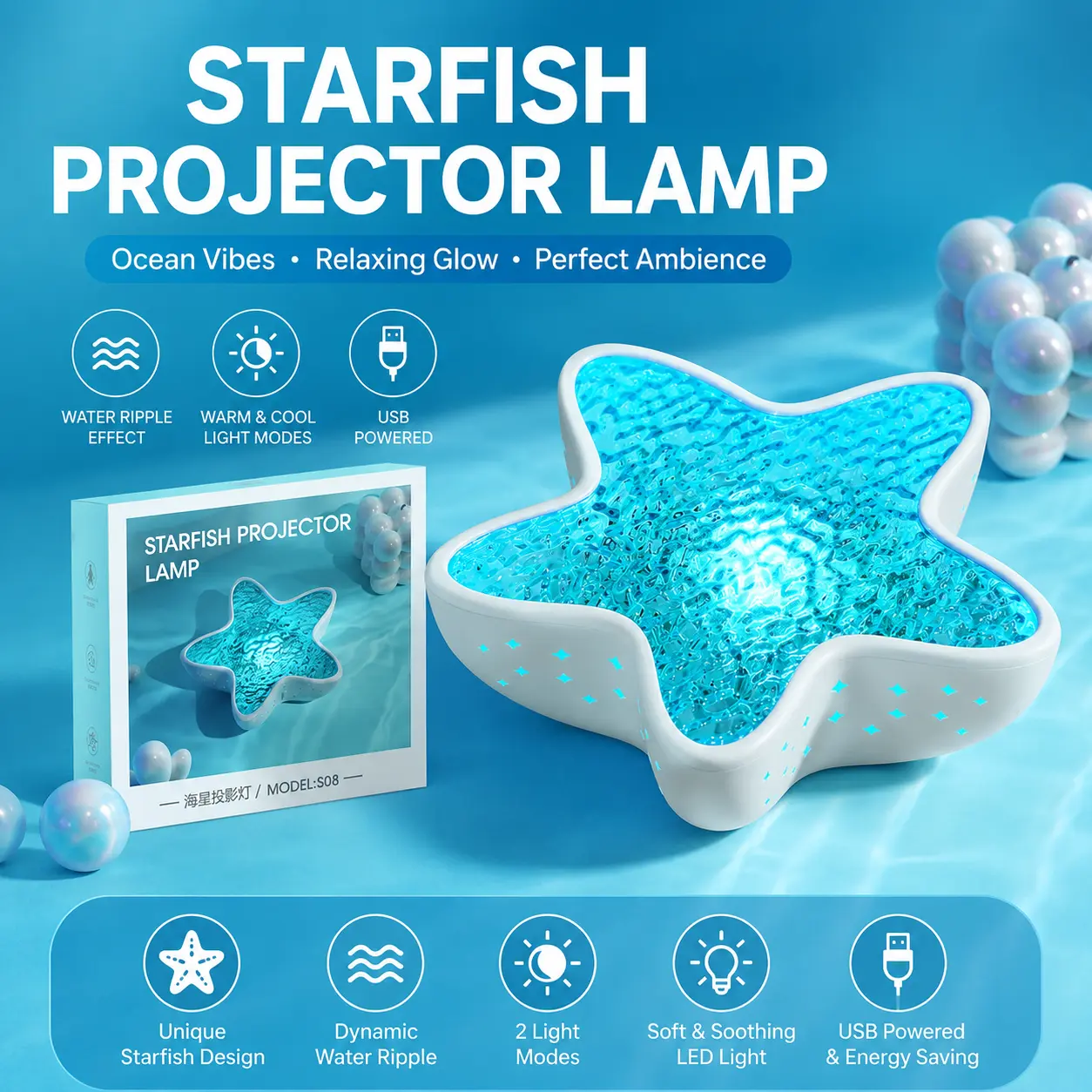 Starfish Projector Lamp,7-Color Ocean Wave Star Projector Lamp | Planetarium Light for Bedroom, Romantic & Cute Room Decor | Perfect Gift for Family & Friends