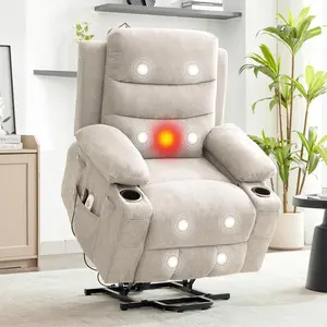 Garvee Compact and Oversized Power Lift Recliner Chairs with Massage and Heat, 135° Reclining, Dual Cup Holders, Side Pockets, Soft Corduroy Fabric, Perfect for Elderly, Home Theater, Living Room, RV, and Apartments