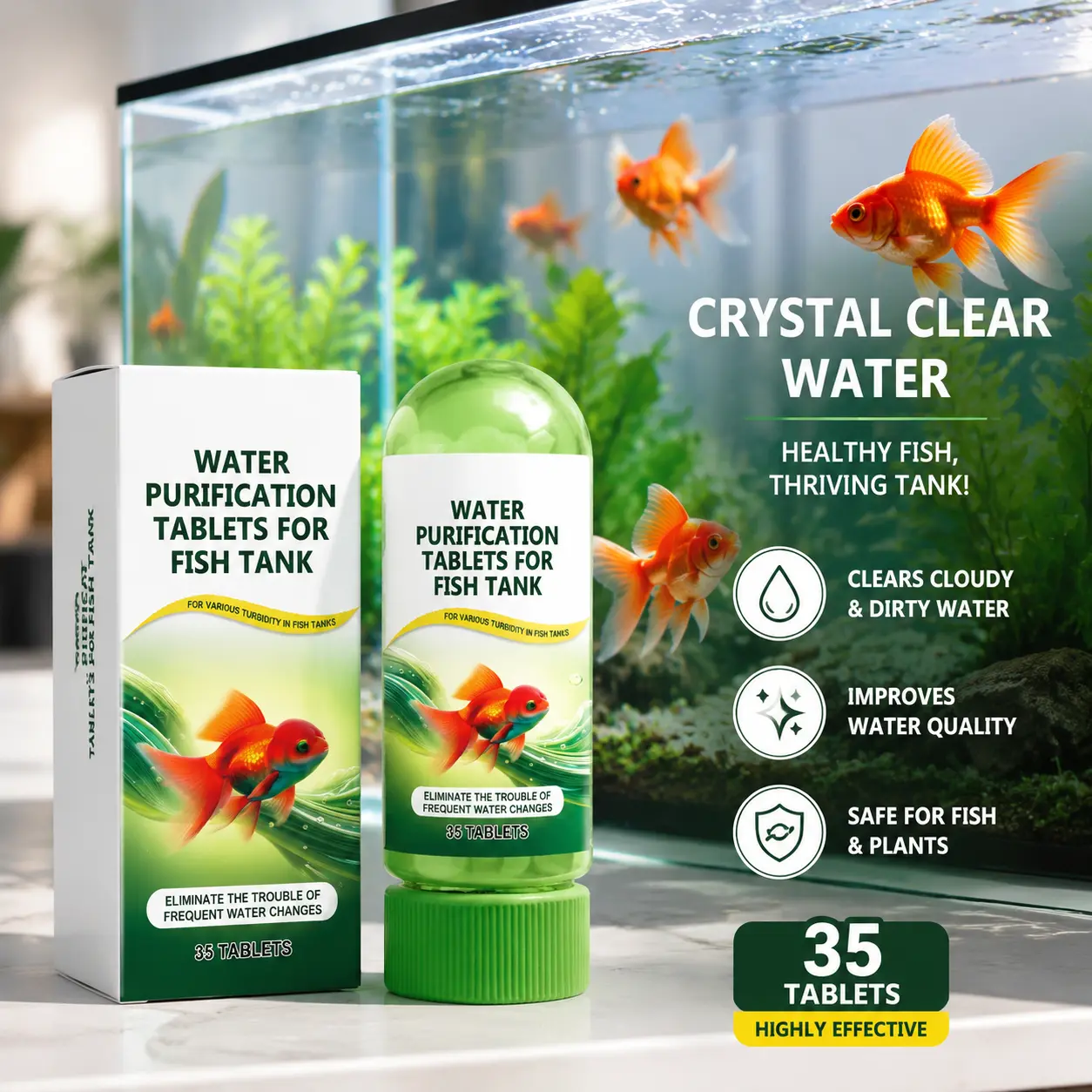 Aquarium Water Purification Tablets, Water Quality Dedicated To Clean Deodorizing Algae Stains Sludge Clear Fish Ponds - 35 Tablets