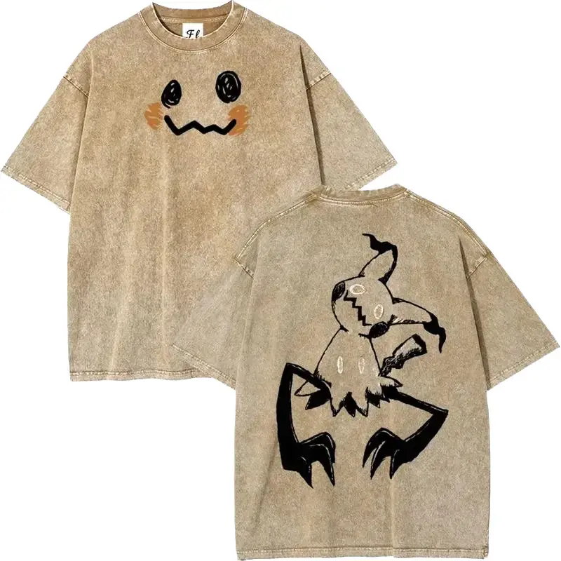 Vintage Washed Oversized Mimikyu Pokemon Graphic T Shirt Unisex Pre Shrunk Soft Cotton Batik Tee Y2K Streetwear Pocket Monsters Anime Loose Fit Top Retro Distressed Casual Mens Womens Aesthetic Tee