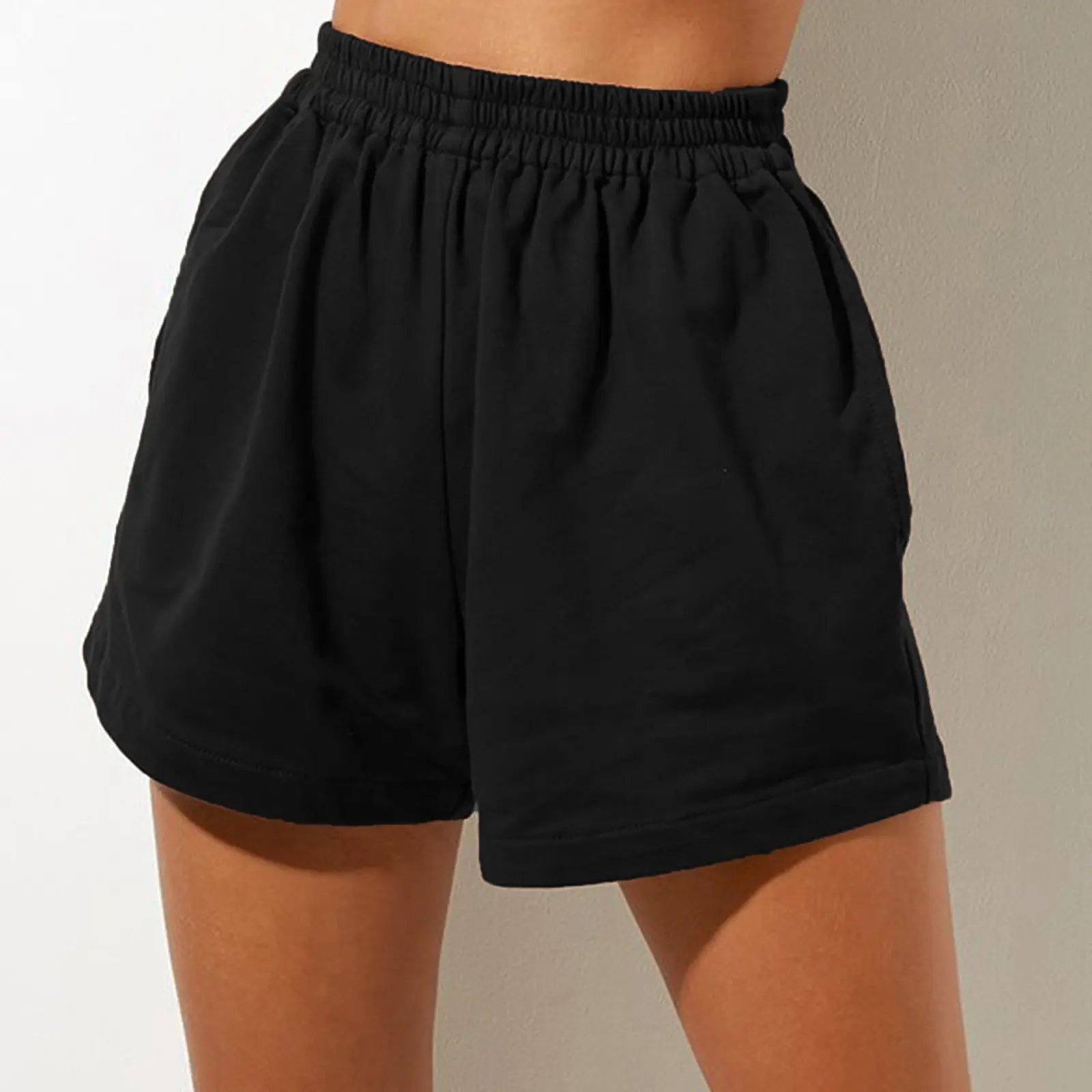 Women Loose Style Shorts, Solid Color Elastic High Waist Sweatpants with Pockets, Black/ White/ Beige/ Brown