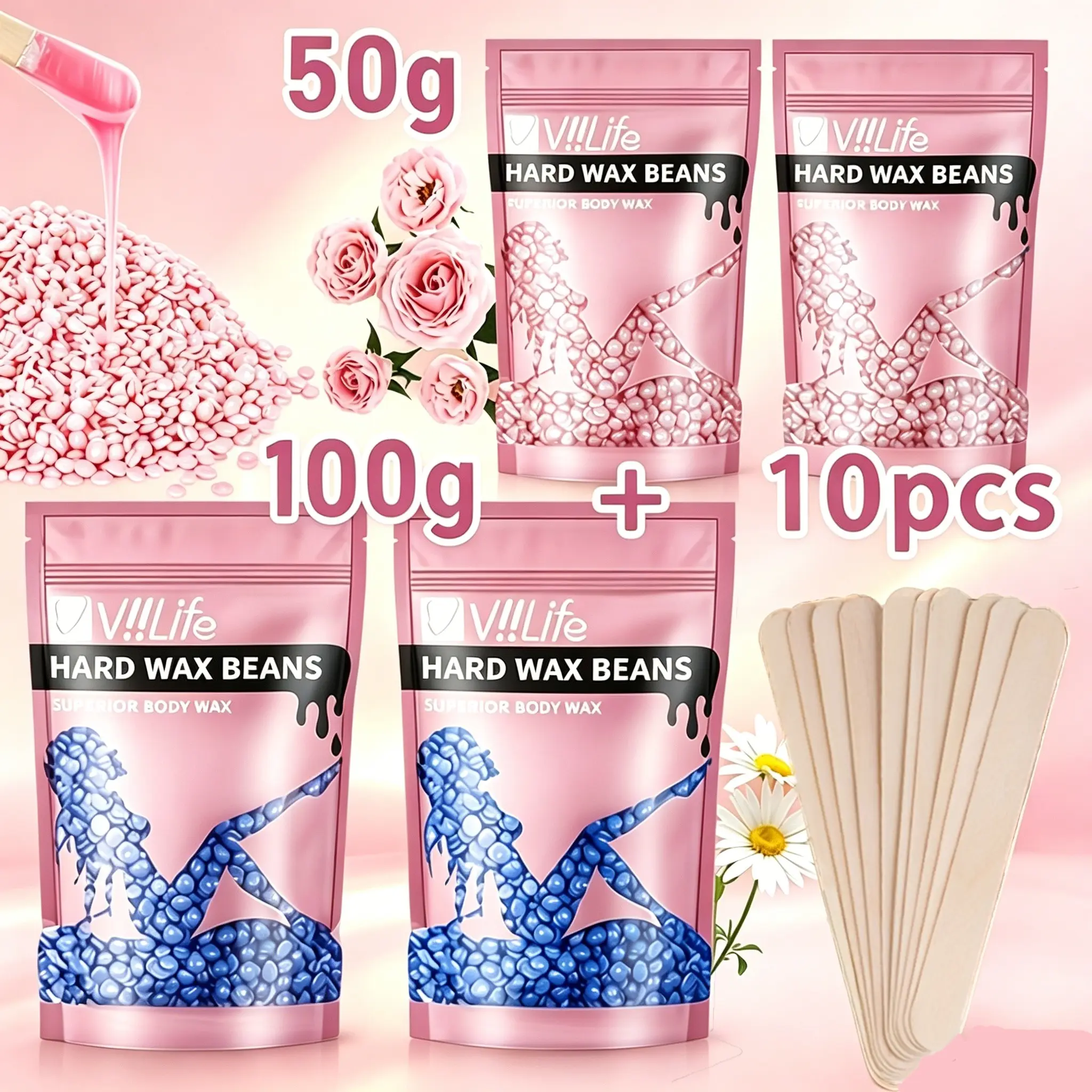 Viilife Hard Wax Beans Set, Rose-Marigold Fragrance, 10pcs Wooden Applicators, Gentle Low-Temp Wax, Salon-Quality Hair Removal, All Skin Types