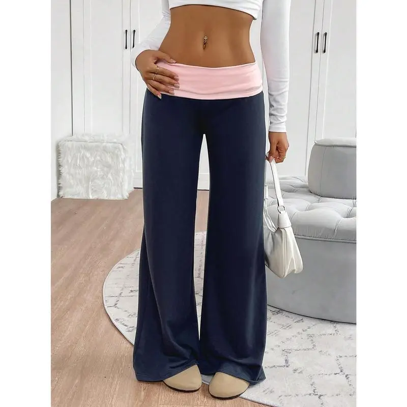 New Women's Casual Contrast Foldover Waist Wide Leg Sweatpants Can be used with a raincoat.