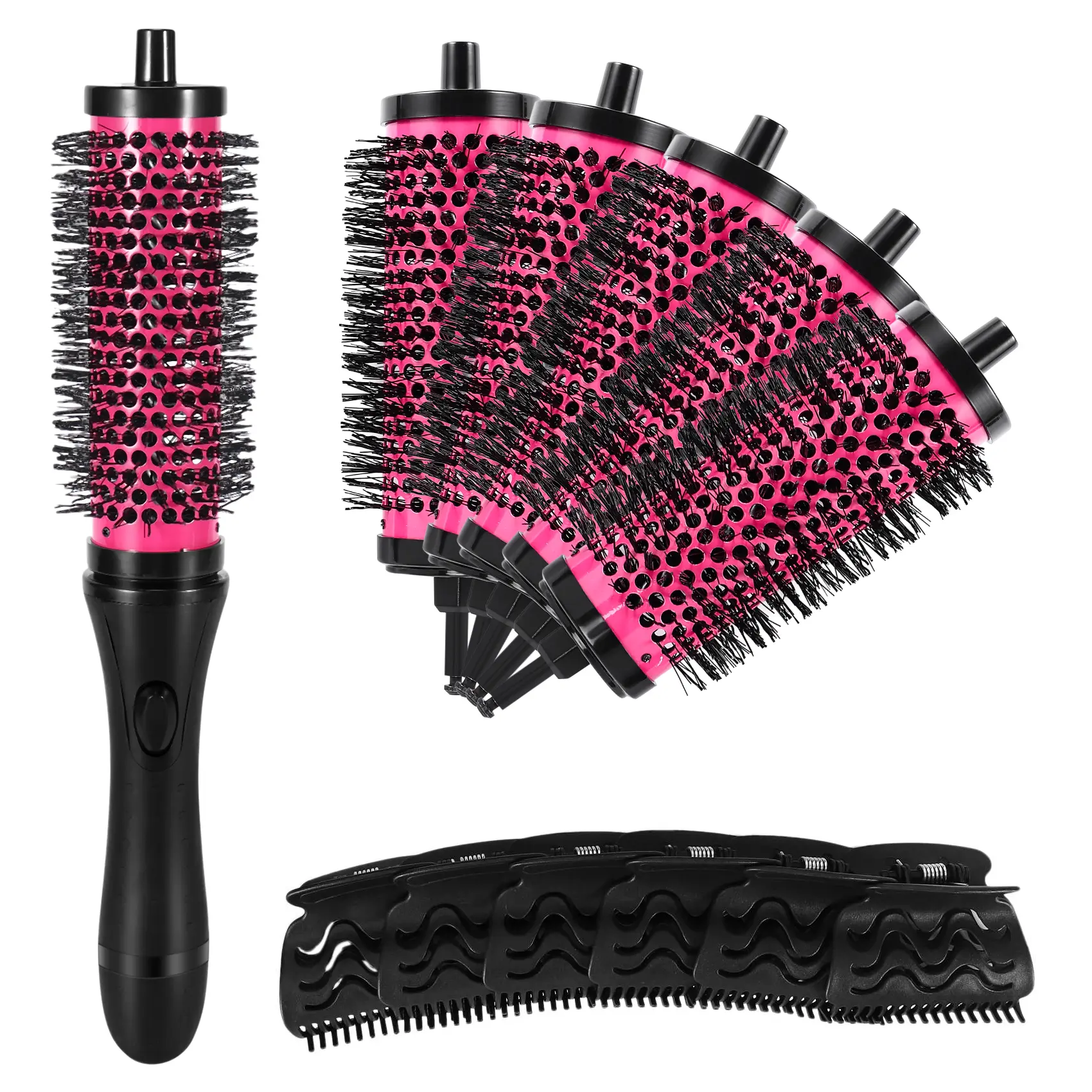 Ceramic Hair Styling Roller Brush Set (6-Piece) - Unisex, Detachable Handle, 3 Sizes Aluminum Barrels, Clips, Heat Protection, Volumizing Curls, All Hair Types, Multi-Size, Volumizing Waves, Round, 35Mm, 6-Pieces