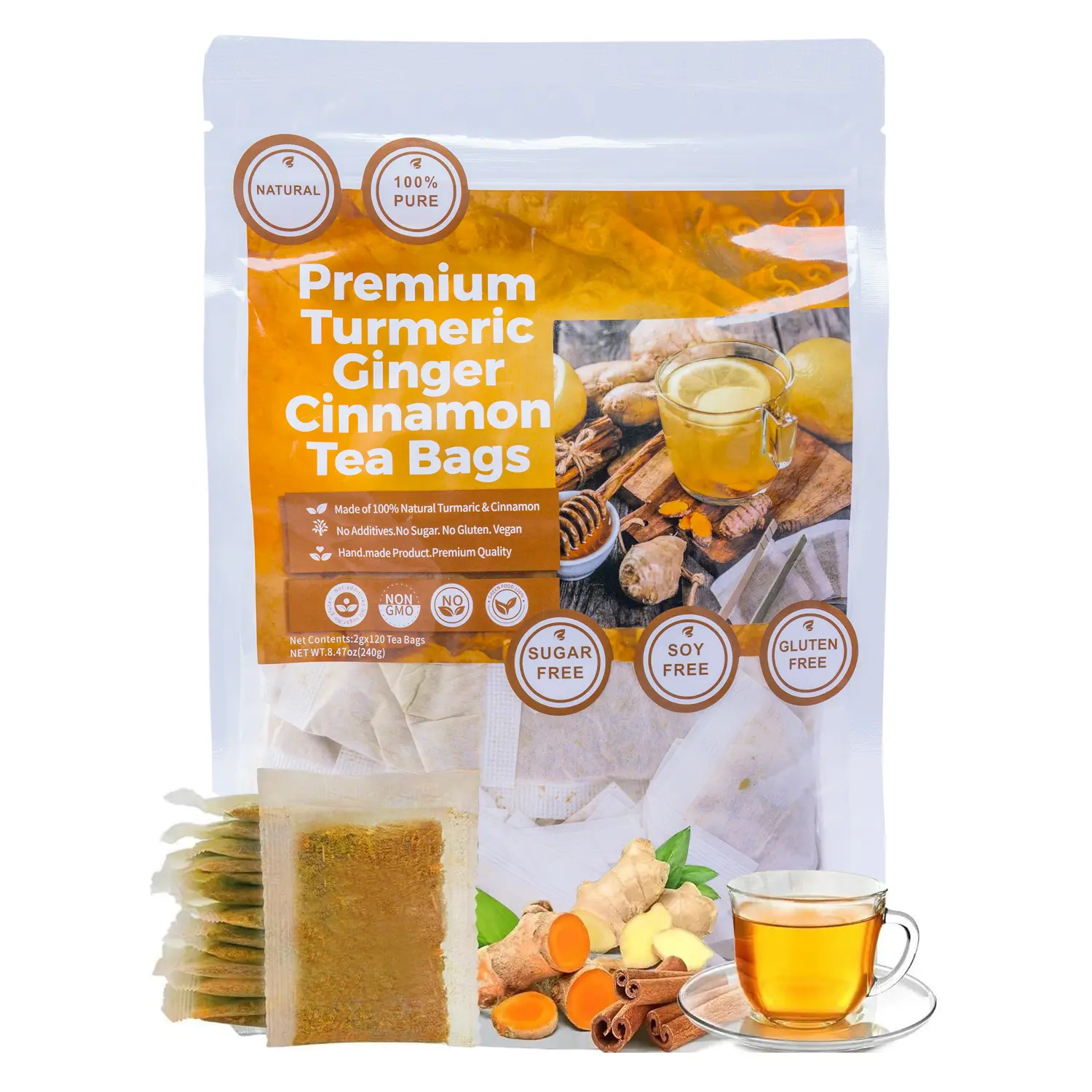 120 Premium Turmeric Cinnamon Herbal Tea Bags - 100% Natural, Caffeine-Free Vitamin Tea Beverages for Gut Health, Digestive Support Daily Drink