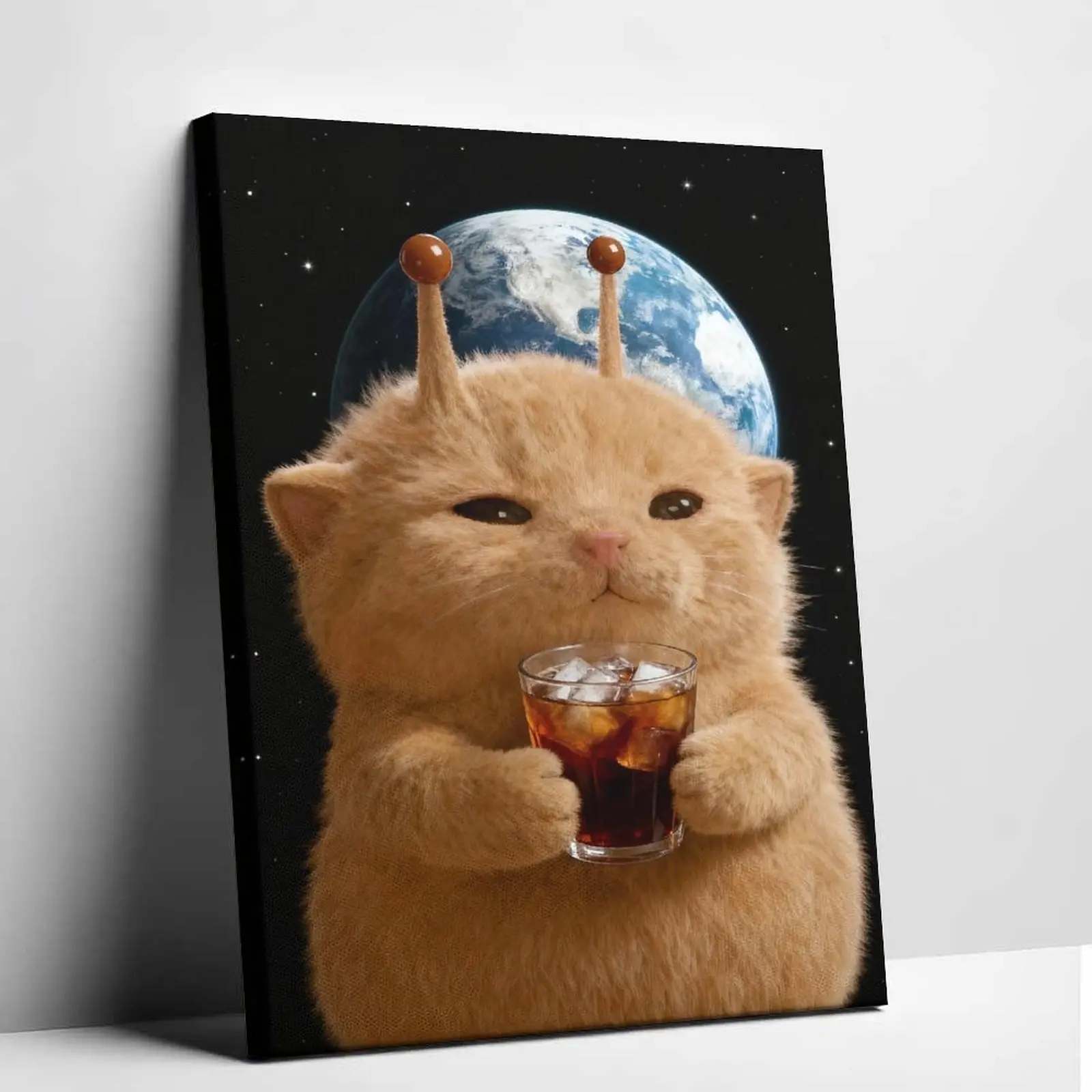 Funny Alien Cat Meme Canvas Wall Art Space Cat Poster Prints Cute Orange Kitten Holding Iced Soda Cola Photo Graphic Artwork Living Room Garage Man Cave Decor Picture Room Backdrop