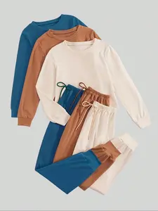 Comfortable Women's Home Sleepwear Loungewear Set, Long Sleeve Round Neck Top & Pants, Easy Care Knit Fabric, Perfect for Spring Summer Fall Winter