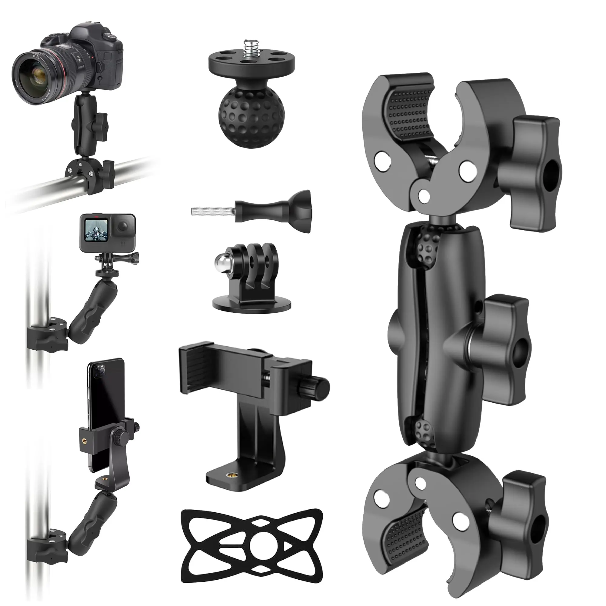 Double Head Super Clamp, Adjustable Ballhead Magic Arm Camera Clamp, Crab-Shaped Monitor Clamp, Photography Camera Accessories with 1/4"-20, 3/8"-16 Threaded Holes for Sony Canon Nikon DSLR Camera/Insta360/LED Lights/Phone, Camera Mount