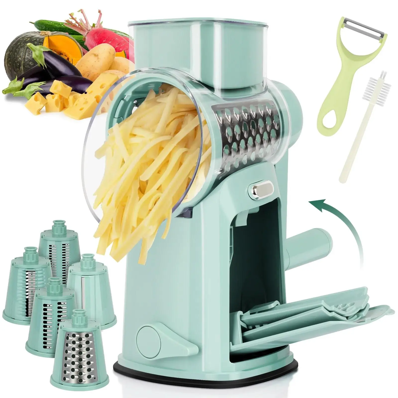 Green Rotary Cheese Grater & Kitchen Food Prep Utensils Set - 10 Blades, Fruit Vegetable Slicer Dicer, Peeler, Detachable Mandoline, Cleaning Brush, Blade Storage, Strong Suction Base