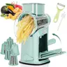 Stainless Steel Green Rotary Cheese Grater Kitchen Gadgets Set - 10 Blades, Food Prep Utensils, Slicer Dicer, Peeler, Detachable Mandoline, Cleaning Brush, Organized Storage Bin, Strong Suction Base, Chocolate Grating, Quick & Thorough Cleaning