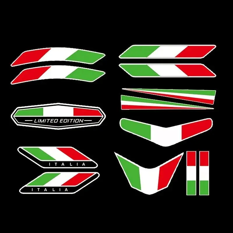 A set of 13 Italian flag stickers and badges for decorating vehicles such as motorcycles, cars, bicycles, and trucks