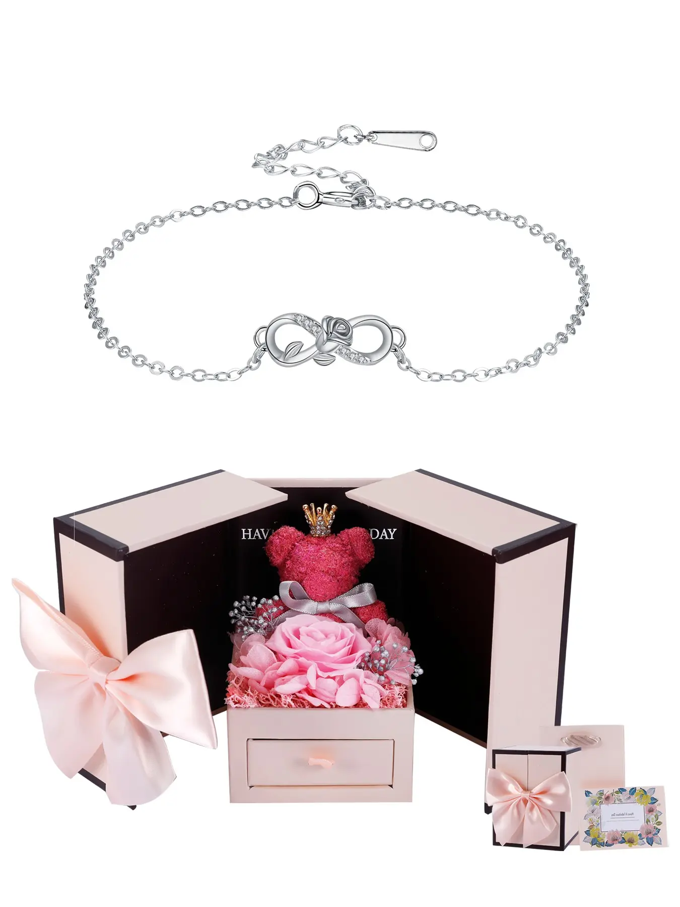 Infinity Heart Rose Bracelets With Moss Bear Rose Jewelry Gift Box, Endless Love Symbol Charm Bracelet, Pretty Bracelet, Anniversary Birthday Gifts Mother's Day Jewelry Gift for Mom Women Wife, Elegant Jewelry