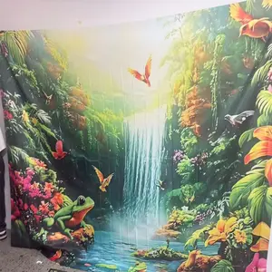 2D Flat 1PC Polyester Banner, Tropical Rainforest Waterfall Theme Design, Featuring Frog, Tropical Flower & Flying Bird Elements, Fresh Forest Style, Indoor and Outdoor Use, Ideal for Jungle Parties, Nature Themed Events, Kids Birthday Parties,