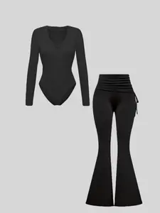 Autumn Winter Basic Versatile Warm Long Sleeve V-Neck Fitted Top & Drawstring High Waist Wide Leg Pants Set