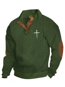 Men's Christmas Cross Print Half-Open Knit Sweater, Vintage Plaid Design, Leather Buttons, Elbow Patches, Fall Winter Casual Top