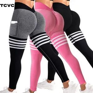 TCVC sports stripe linen color high belt pocket ruffled women's yoga leggings elastic seamless leggings indoor and outdoor exercise abdomen shaping peach hip casual Joker.