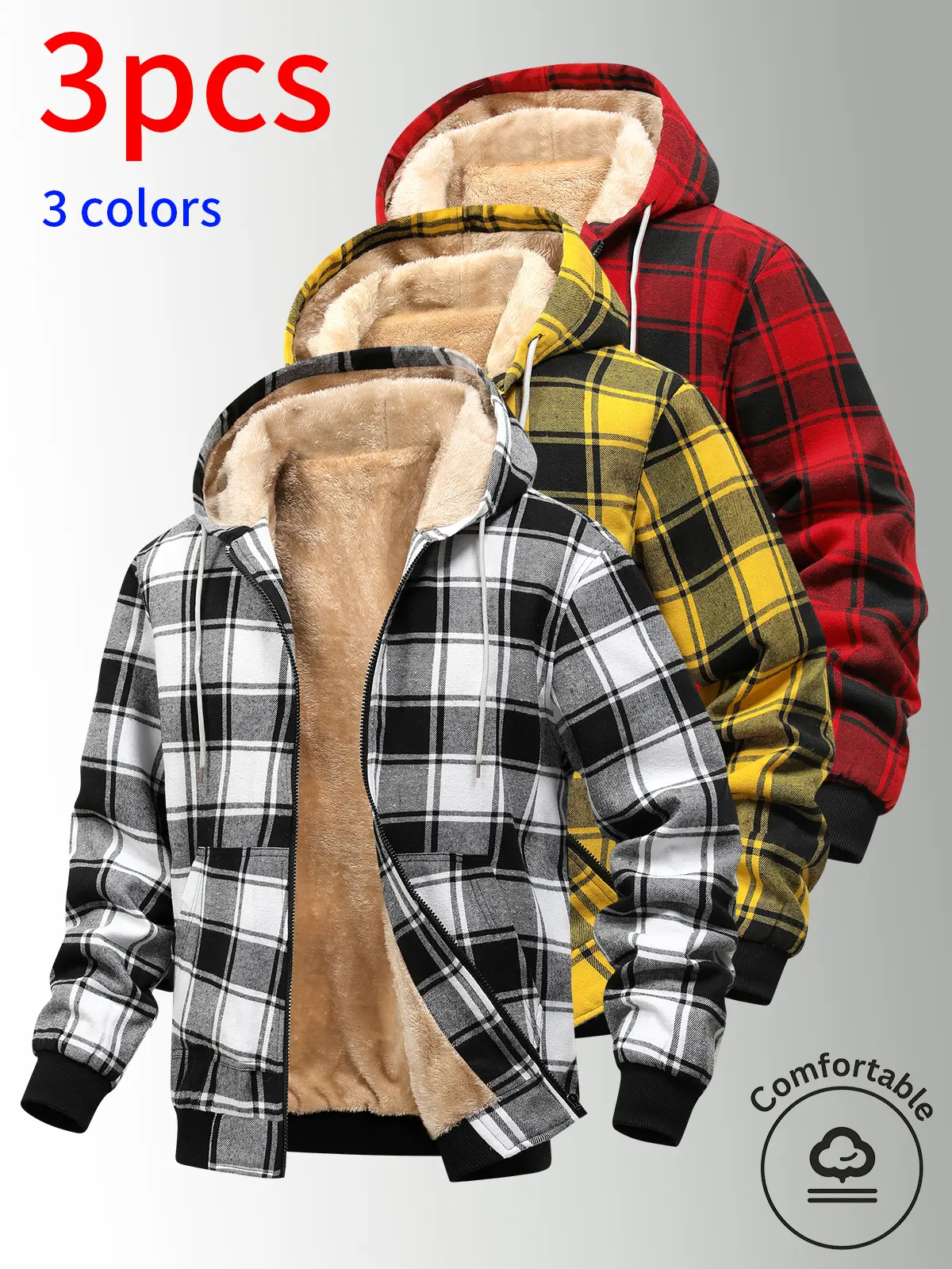 3-Pack Men Plaid Fleece Lined Hooded Jacket, Zip Up Hoodie Coat, Casual Daily Wear, long sleeve menswear top, heavyweight coat,New Arrival for Autumn,Drawstring Hood,Winter Thick Coat,autumn fashionable style