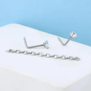 OUFER BODY JEWELRY 20G Titanium L-Shaped Nose Stud with AAA+ Cubic Zirconia Inlay and Chain, Unisex Delicate Shiny Nose Piercing Jewelry for Daily Wear