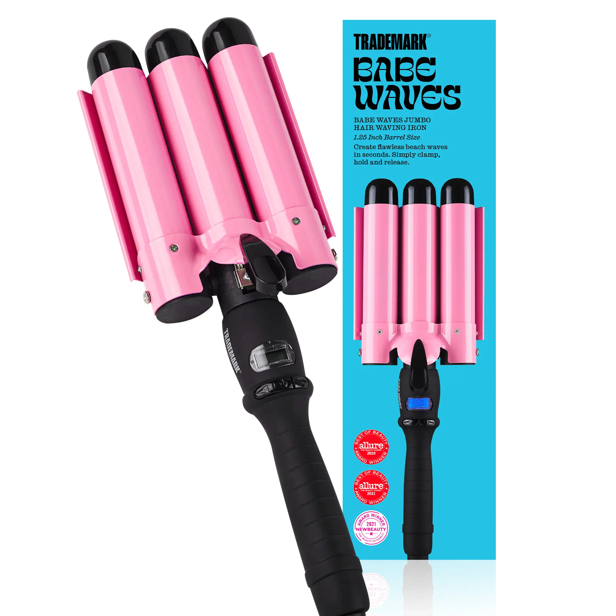 Trademark Babe Waves Jumbo Hair Waver 1.25 inch Ceramic Barrels Loose Waves Adjustable Temperatures Pink
