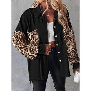 Contrasting leopard sequin patchwork long-sleeve jacket top with front button closure and raw hem shacket