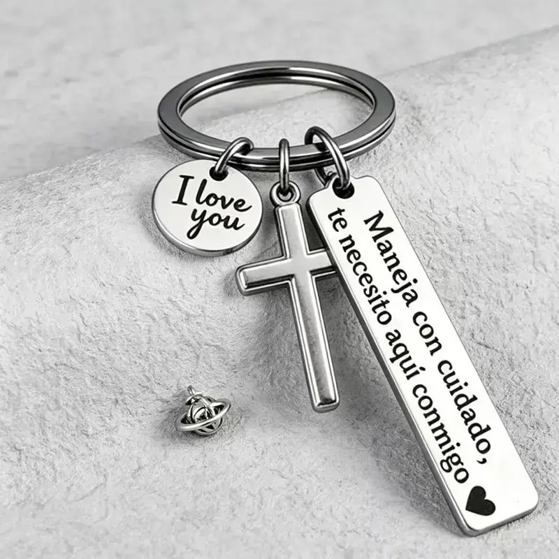 Stainless Steel Spanish Drive Safe Keychain with Cross Charm, "Maneja con cuidado, te necesito aquí conmigo" & "I Love You" Engraved Keyring, Inspirational Safe Driving Gift for Men, Religious Christian Keychain