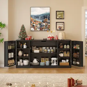 ONBRILL 63" Curved Buffet Cabinet with Storage and 4 Doors, Large Sideboard Buffet Storage Cabinet with Adjustable Shelves, Modern Coffee Bar Table for Dining Room, Living Room, Entryway