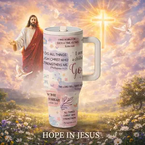 1 Pc Insulated Mug 40oz, Double Wall Vacuum Cup, Flasks, Leak Proof Large Capacity Skinny Thermal Mug with Handle, Keeps Hot 12 Hours Cold 24 Hours, Christian Faith Bible Verse Design Tumbler, Inspirational Gift for Women Men, Travel Mug for Coffee Tea