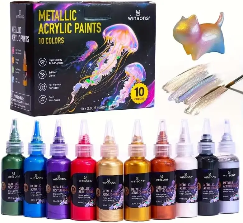 WINSONS 10 Pearlescent colors Acrylic Paint Set，2.03oz/60ml Bottles, Rich Pigments Non-toxic for Artists Kids & Adults, Painting on Canvas Rocks Ceramic Wood