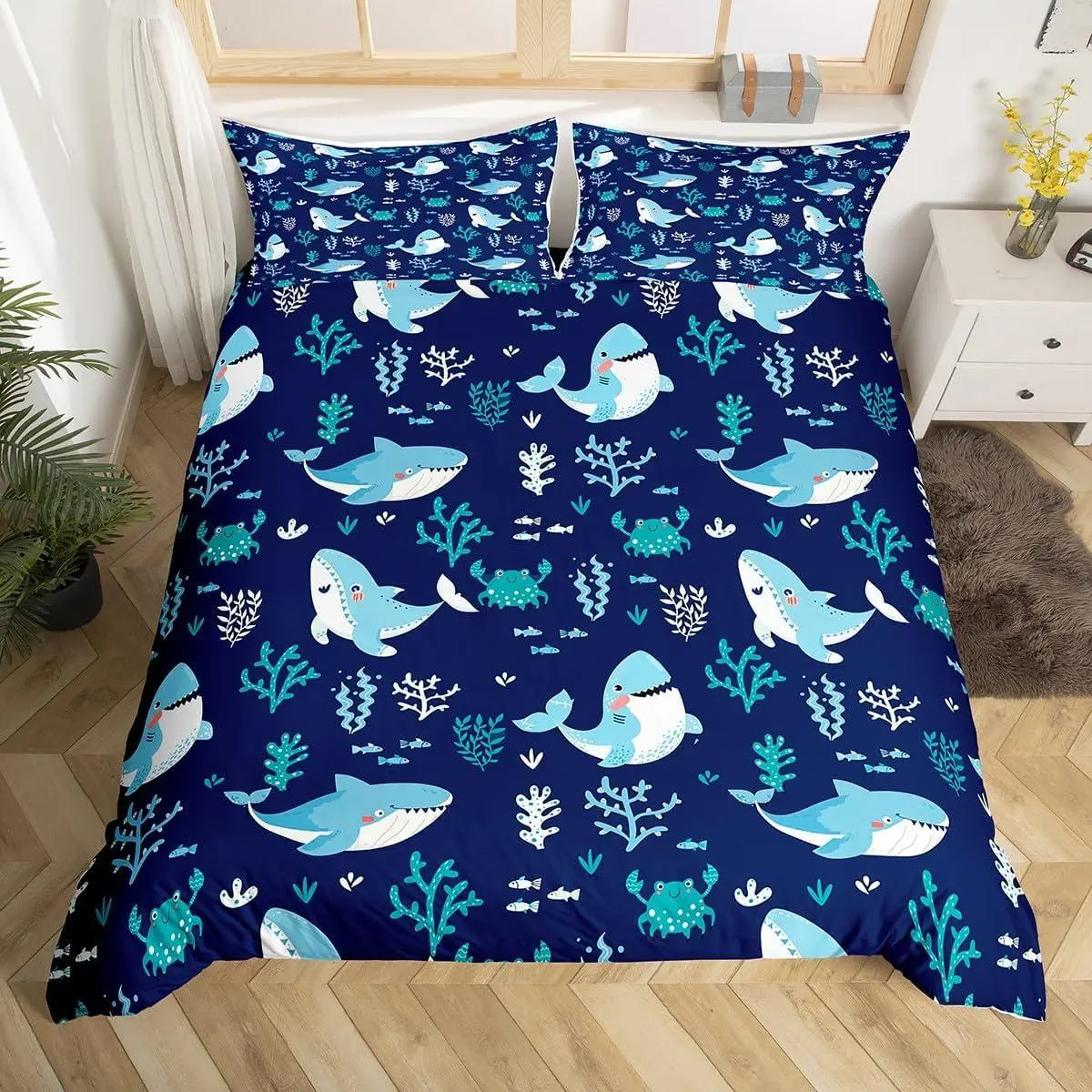 Cute Shark Duvet Cover Set Seaweed Crab Bedding Set for Kids Teens Adult Room Decor,Ocean Sea Animals Comforter Cover Navy Blue Quilt Cover